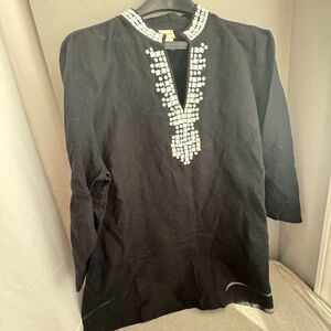 CHICOS Woman’s Linen Blend 3/4 Sleeve Embellished Mock Collar Shirt Size 3